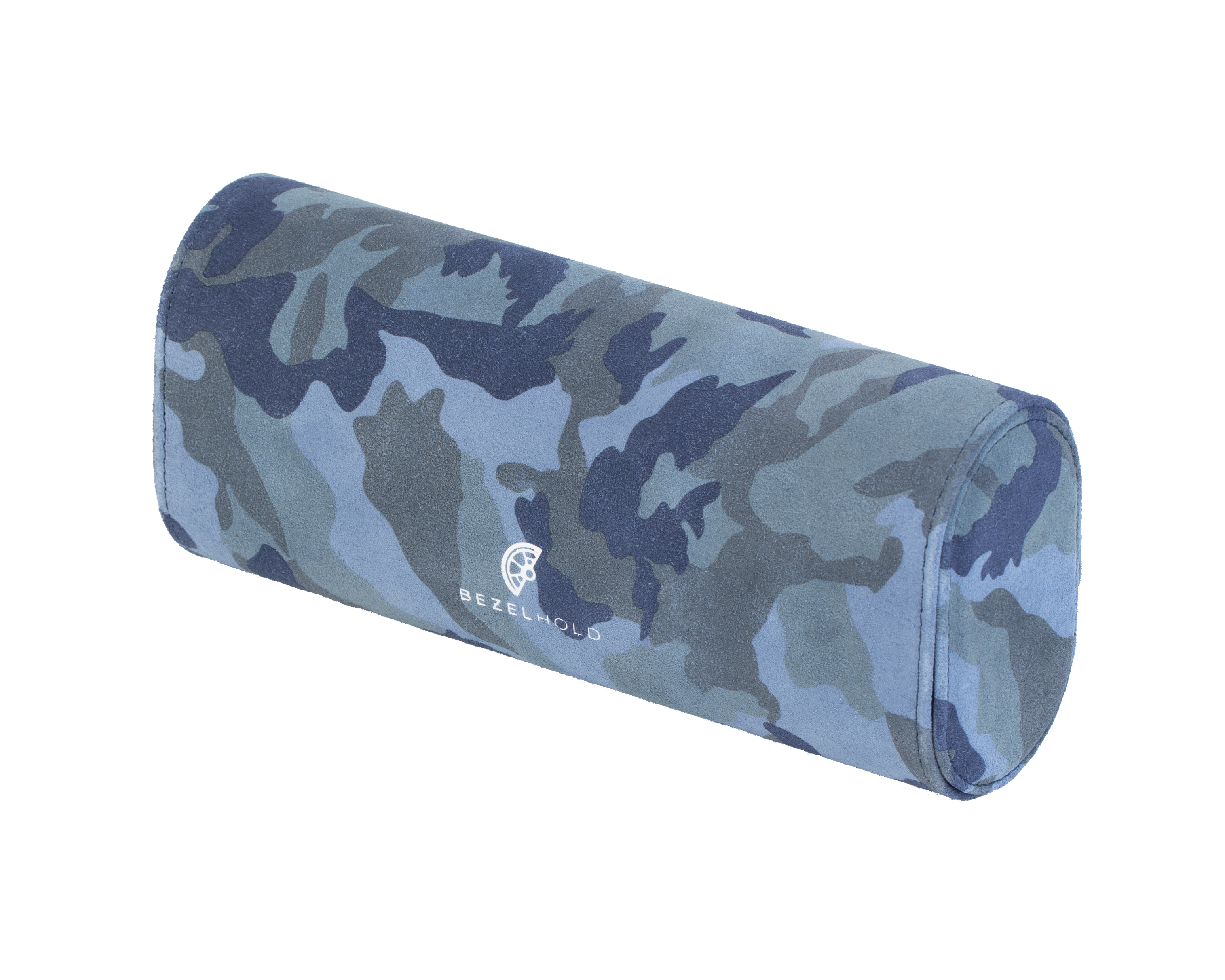A luxury camouflage blue suede watch roll for travel and storage. Holds three watches.