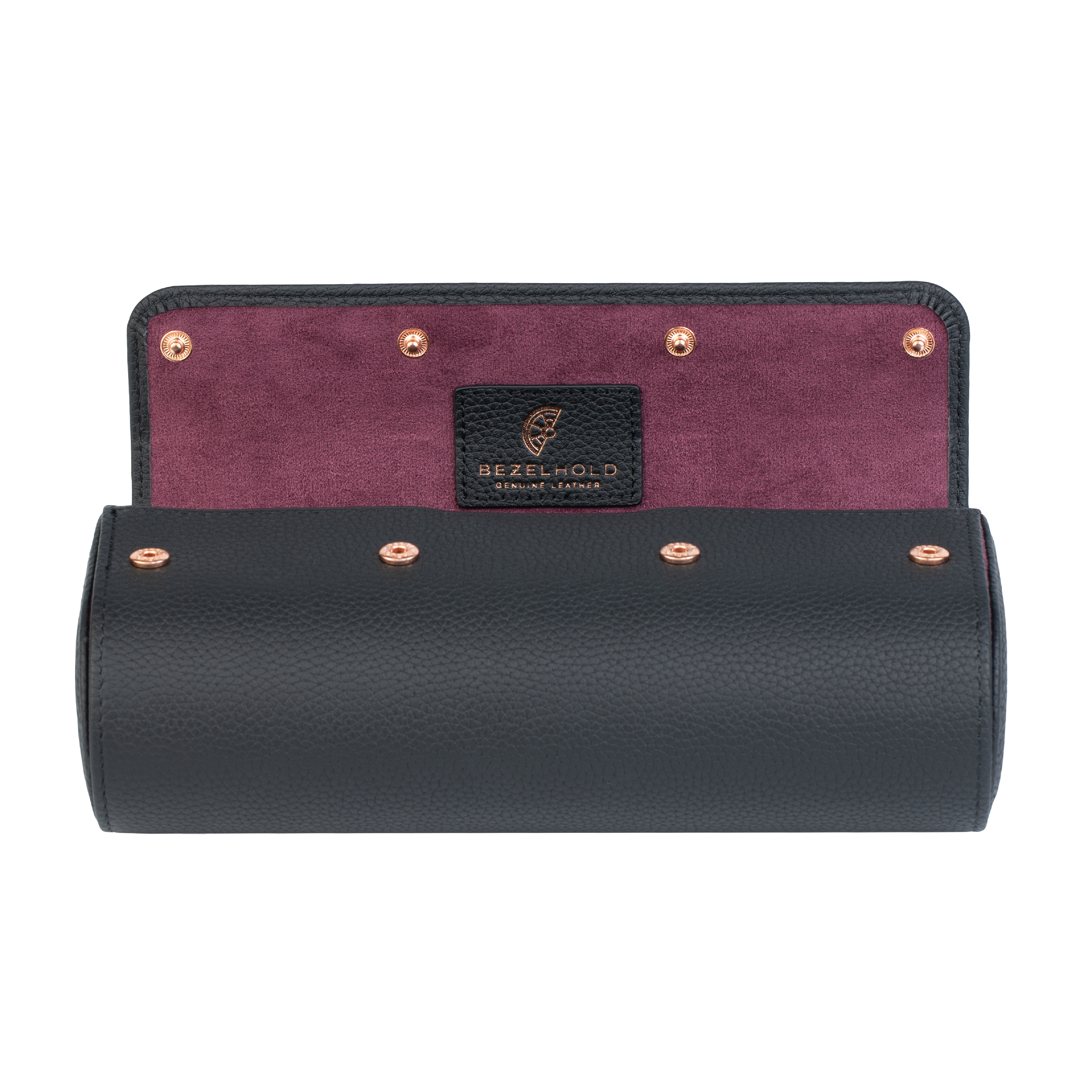 A luxury black and purple leather watch case for travel and storage. Holds three watches.