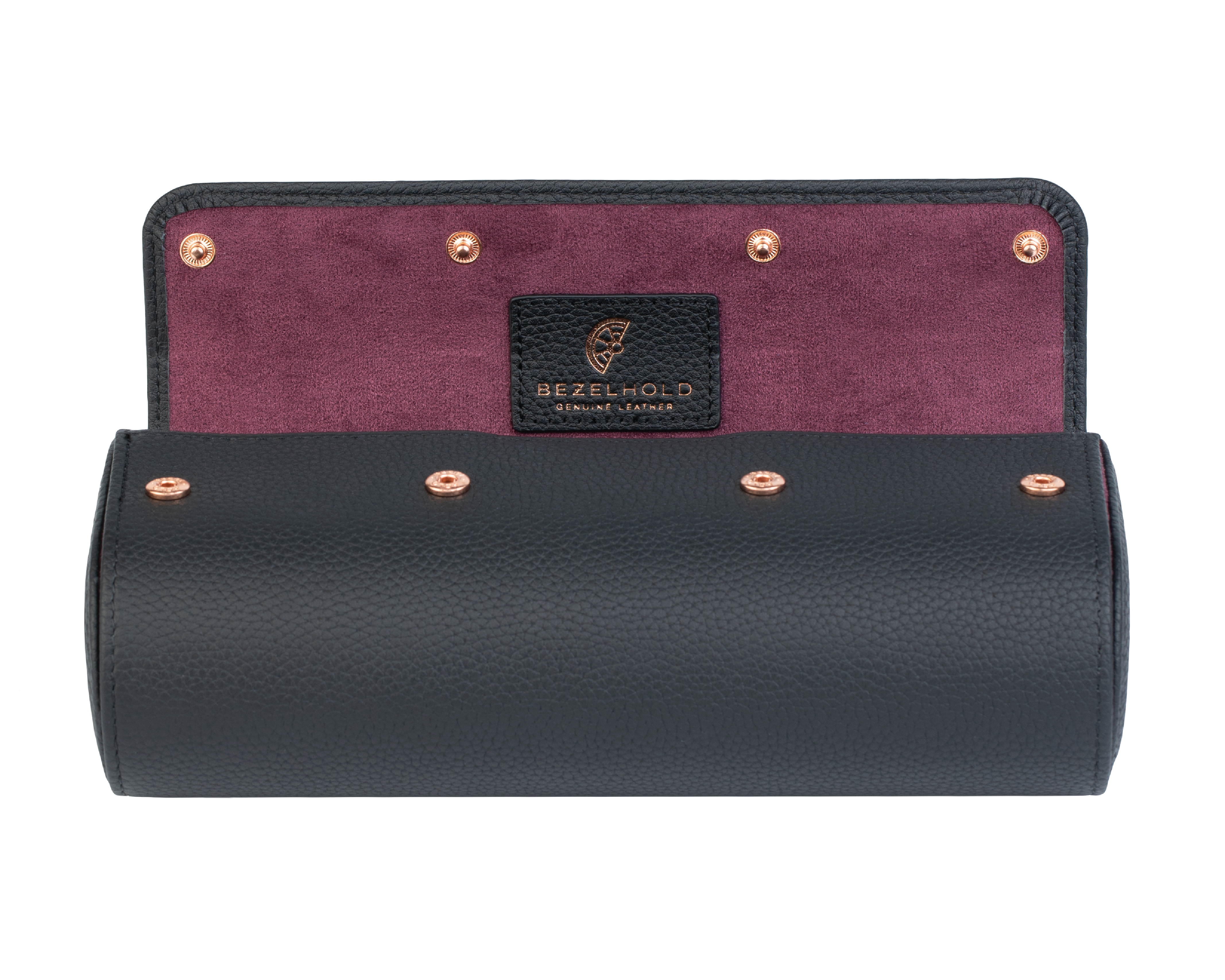 A luxury black and purple leather watch case for travel and storage. Holds three watches.