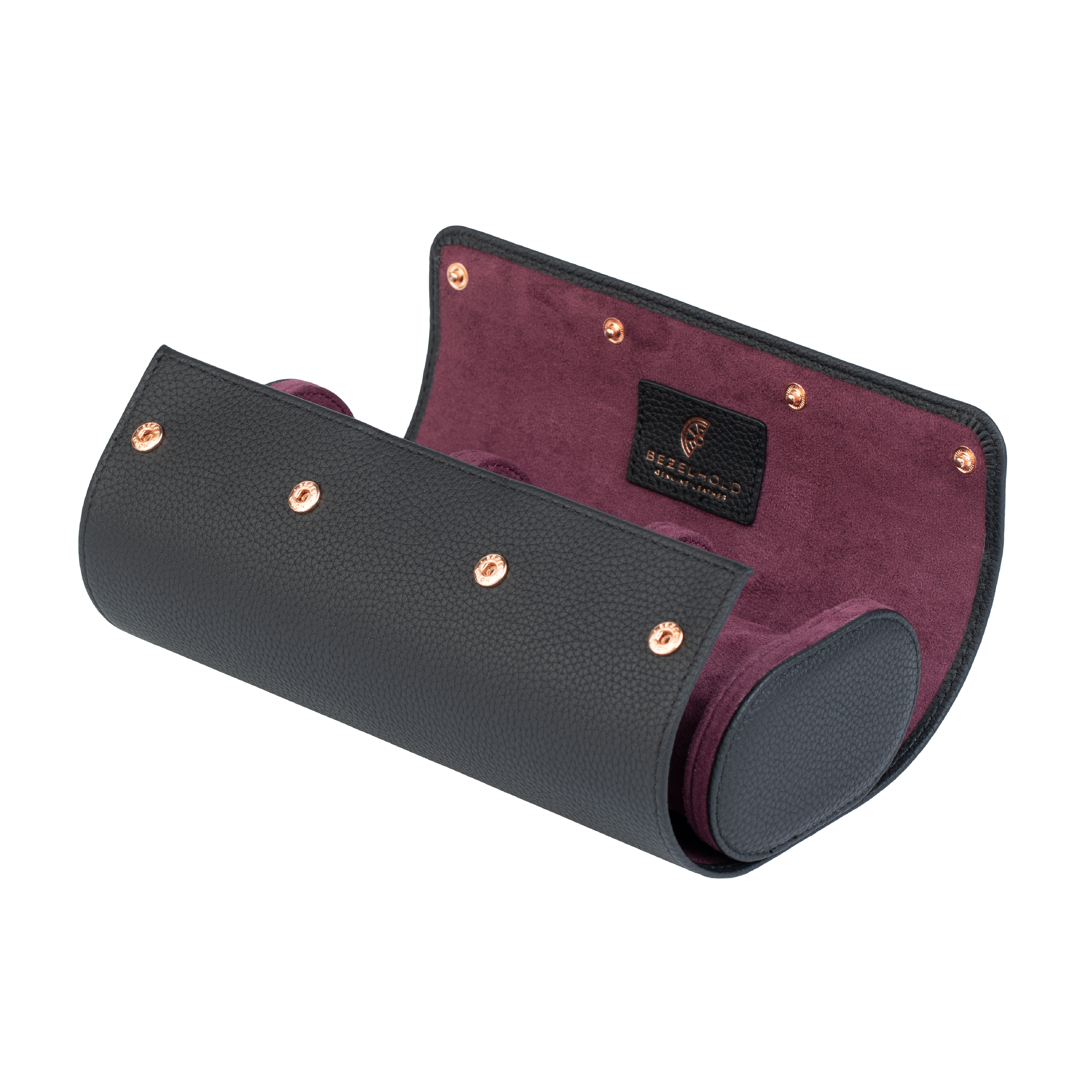 A luxury black and purple leather watch case for travel and storage. Holds three watches.