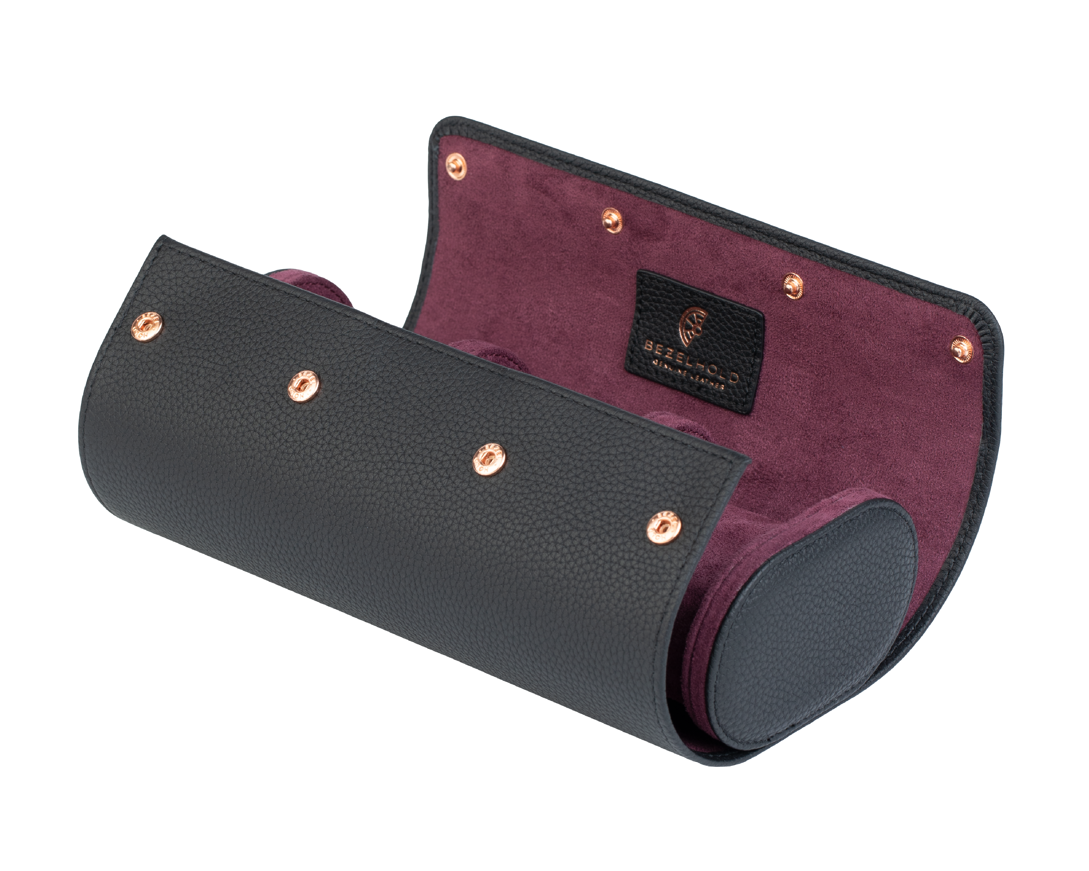A luxury black and purple leather watch case for travel and storage. Holds three watches.