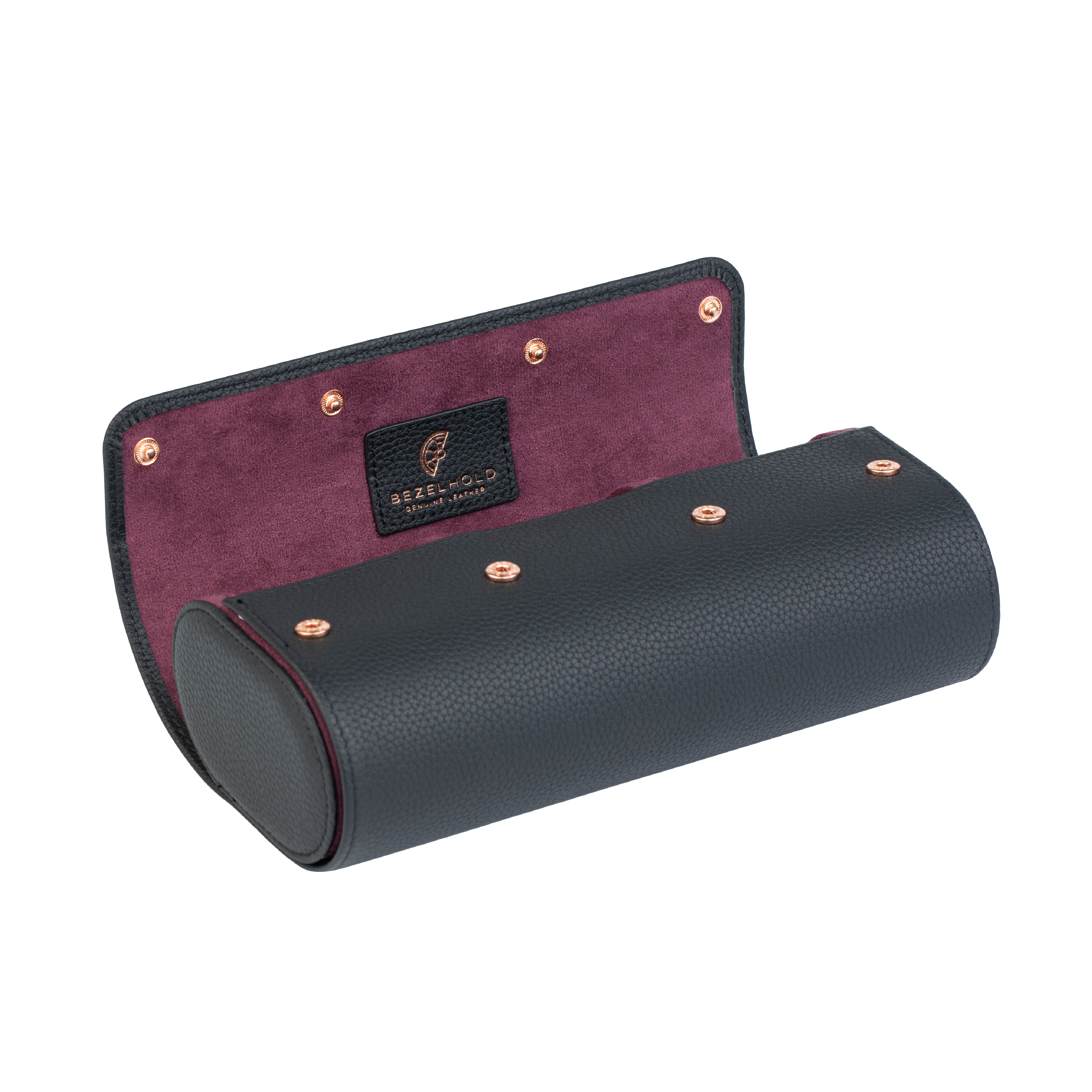 A luxury black and purple leather watch case for travel and storage. Holds three watches.