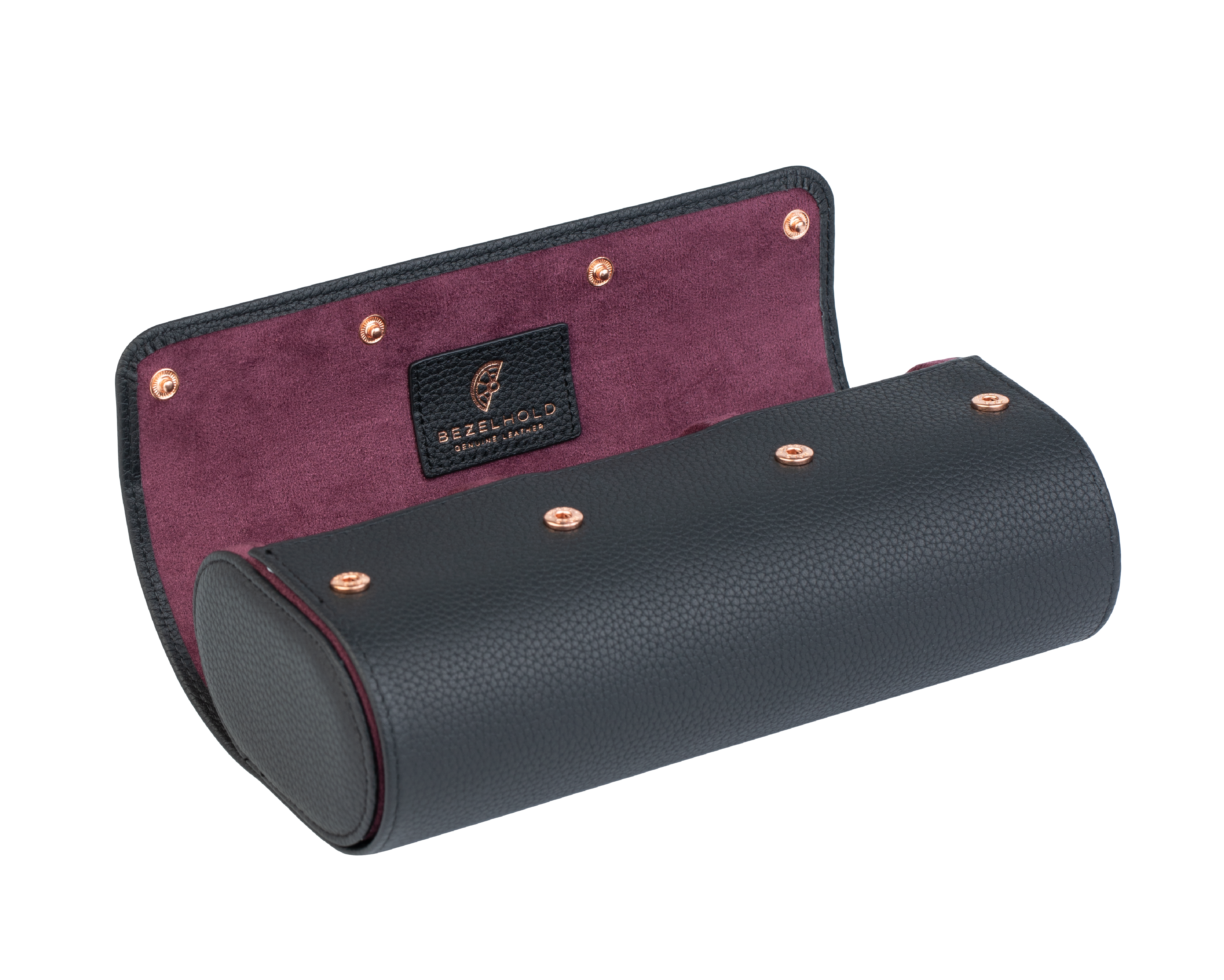 A luxury black and purple leather watch case for travel and storage. Holds three watches.