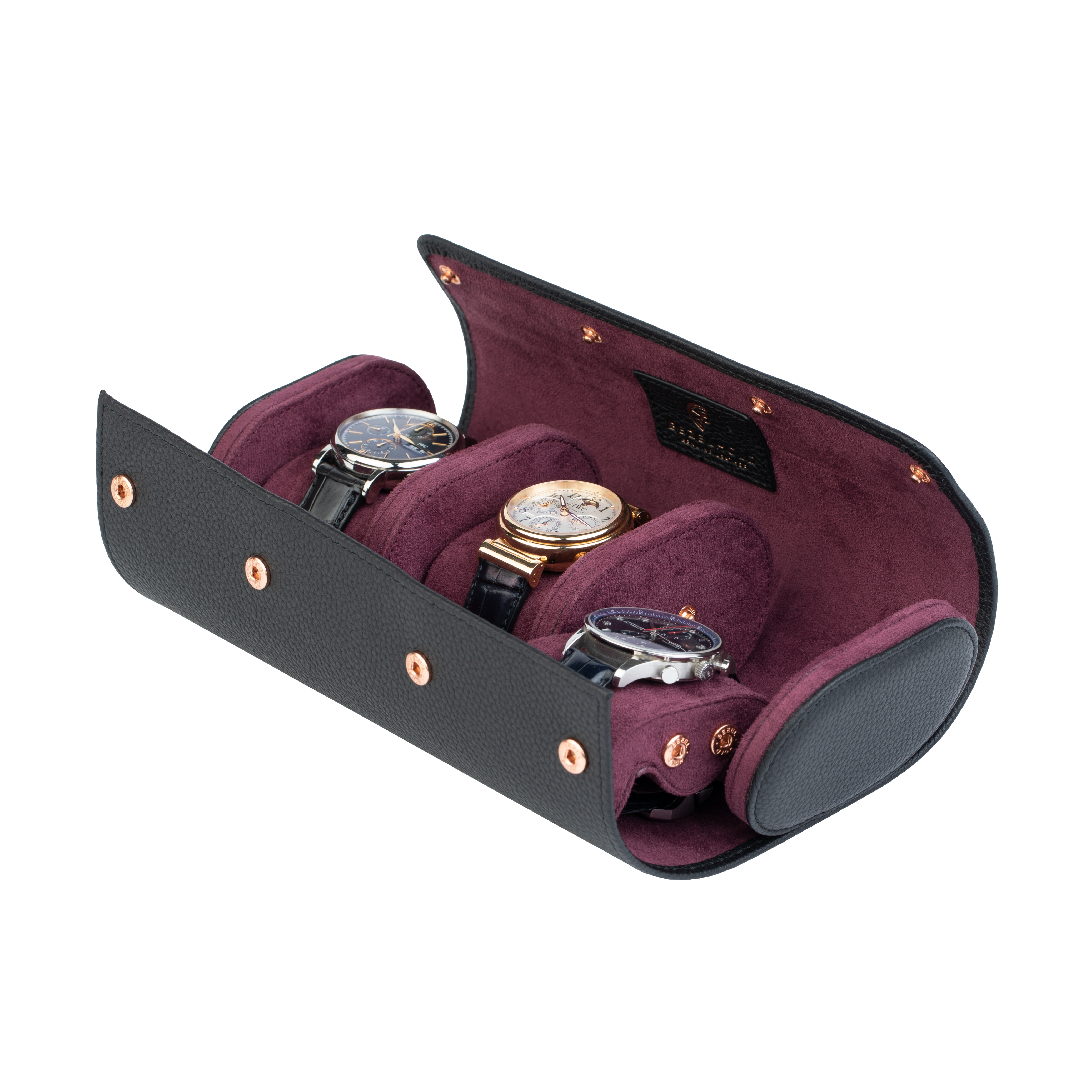 A luxury black and purple leather watch case for travel and storage. Holds three watches.