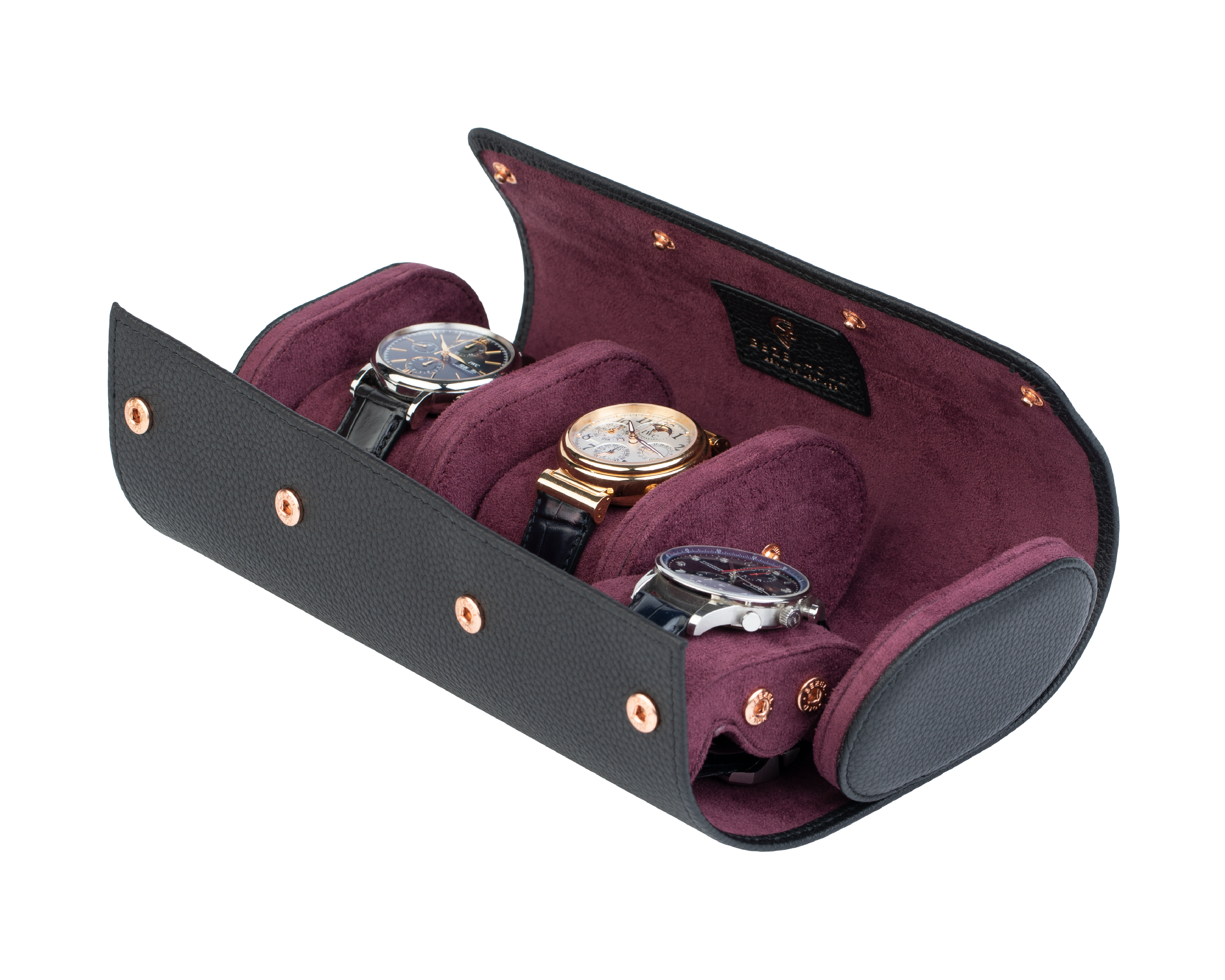 A luxury black and purple leather watch case for travel and storage. Holds three watches.