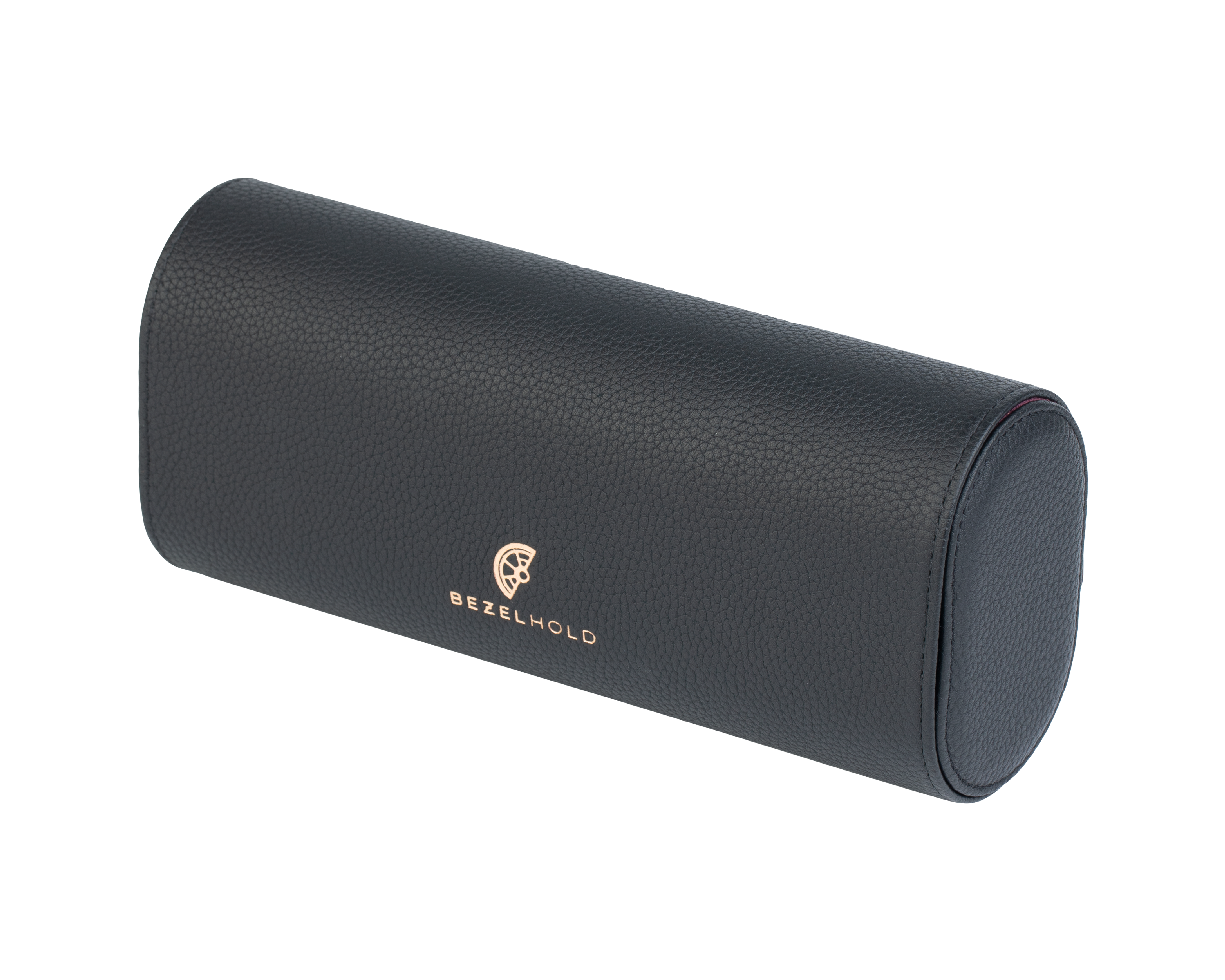 A luxury black and purple leather watch case for travel and storage. Holds three watches.