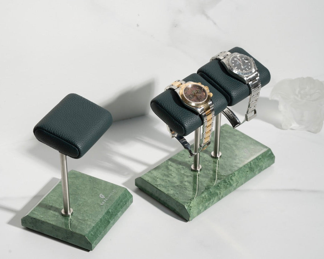 green leather watch stand