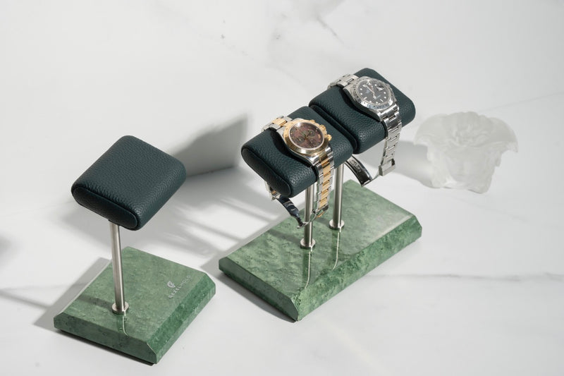 green leather watch stand