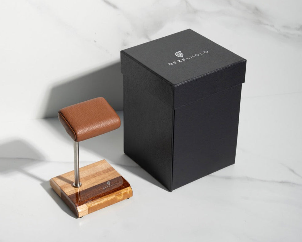 brown leather watch stand with gift box