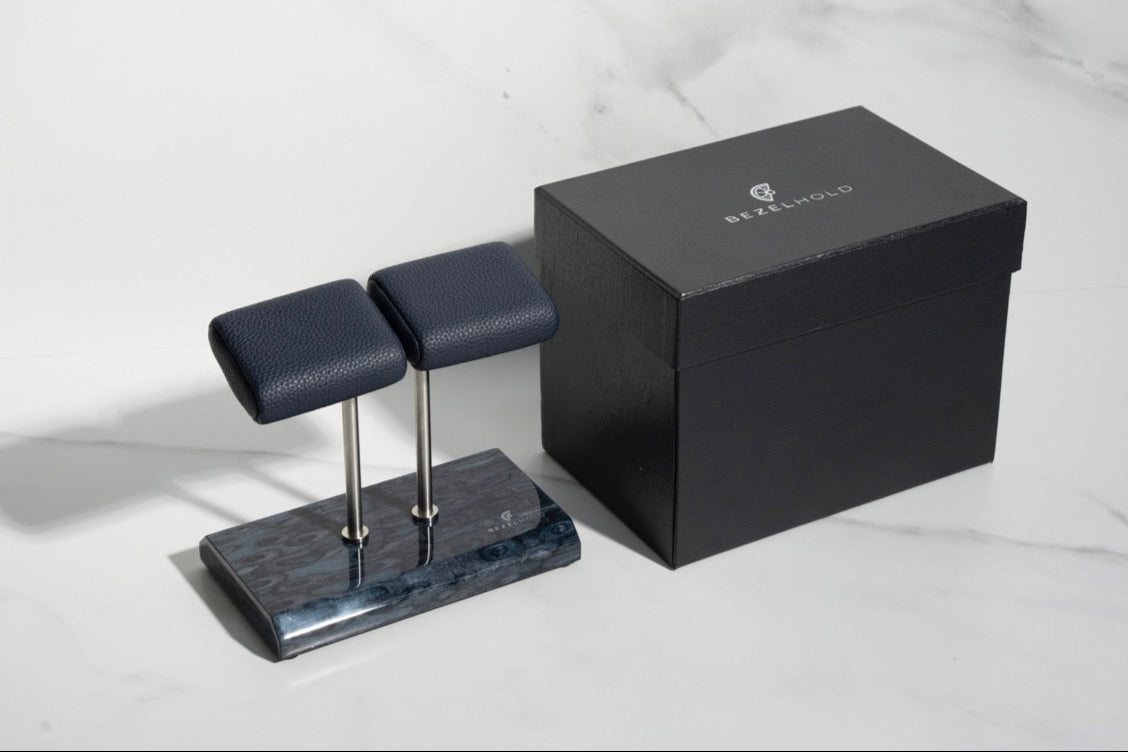 blue leather watch stand with gift box