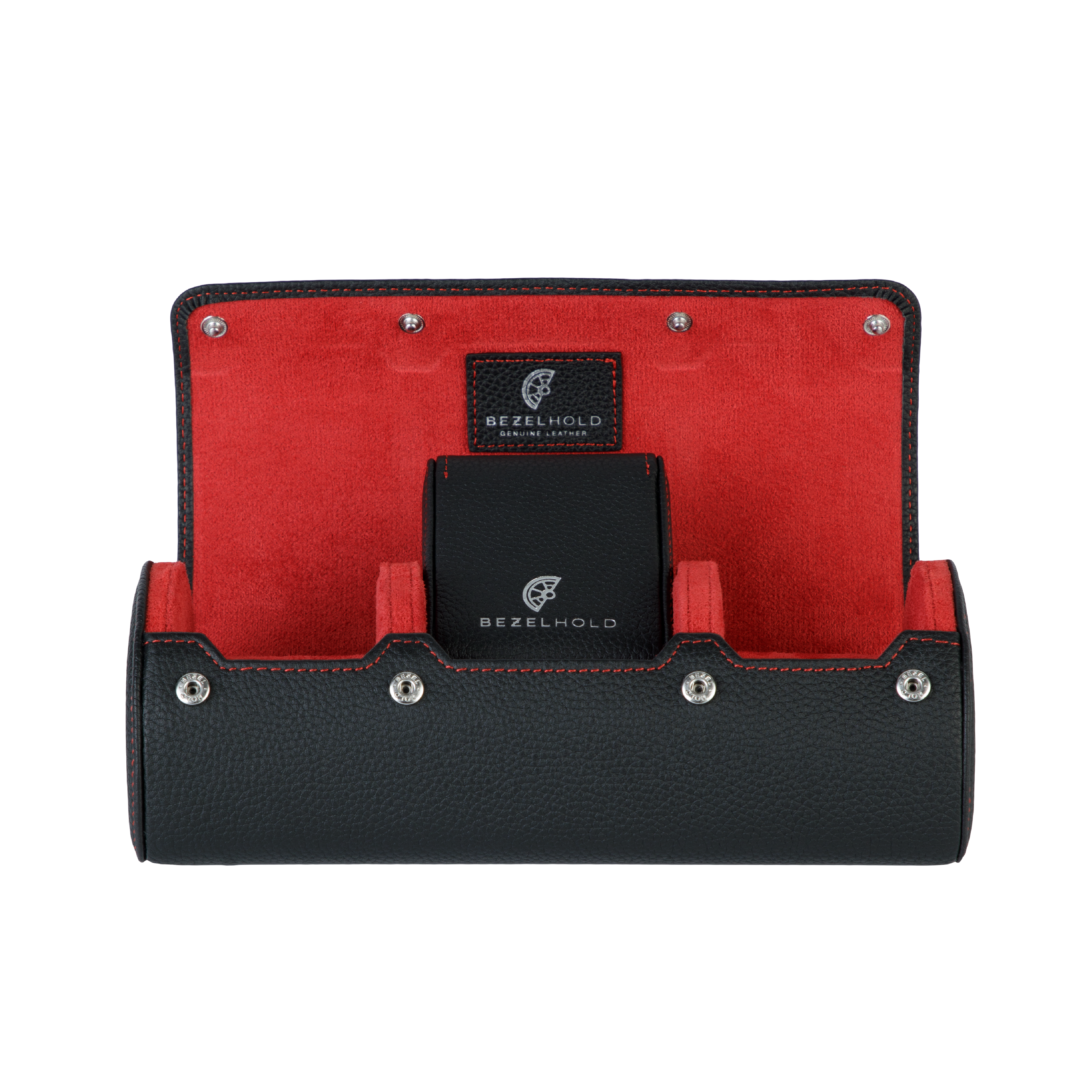 A luxury black and red leather watch case for travel and storage.