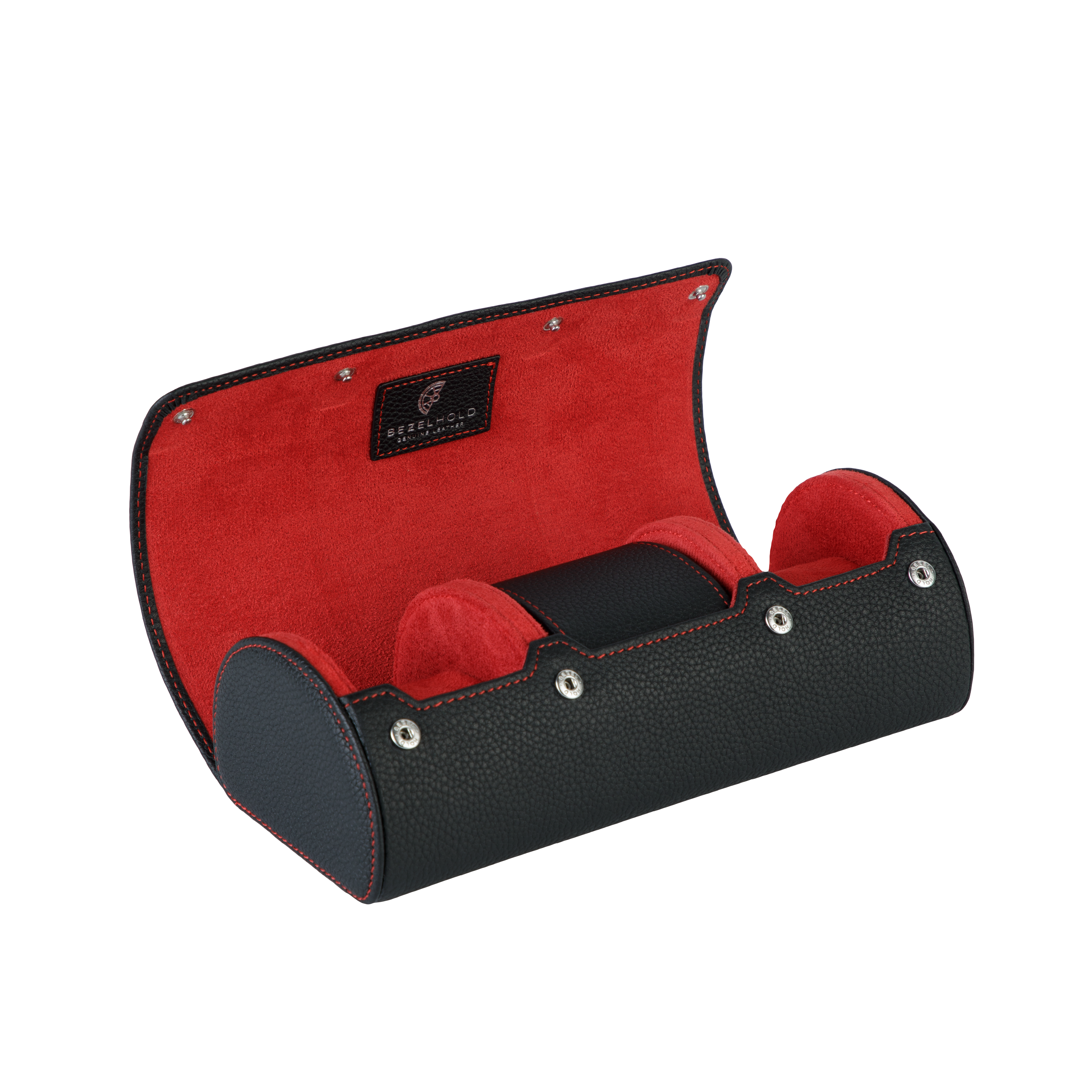 A luxury black and red leather watch case for travel and storage.