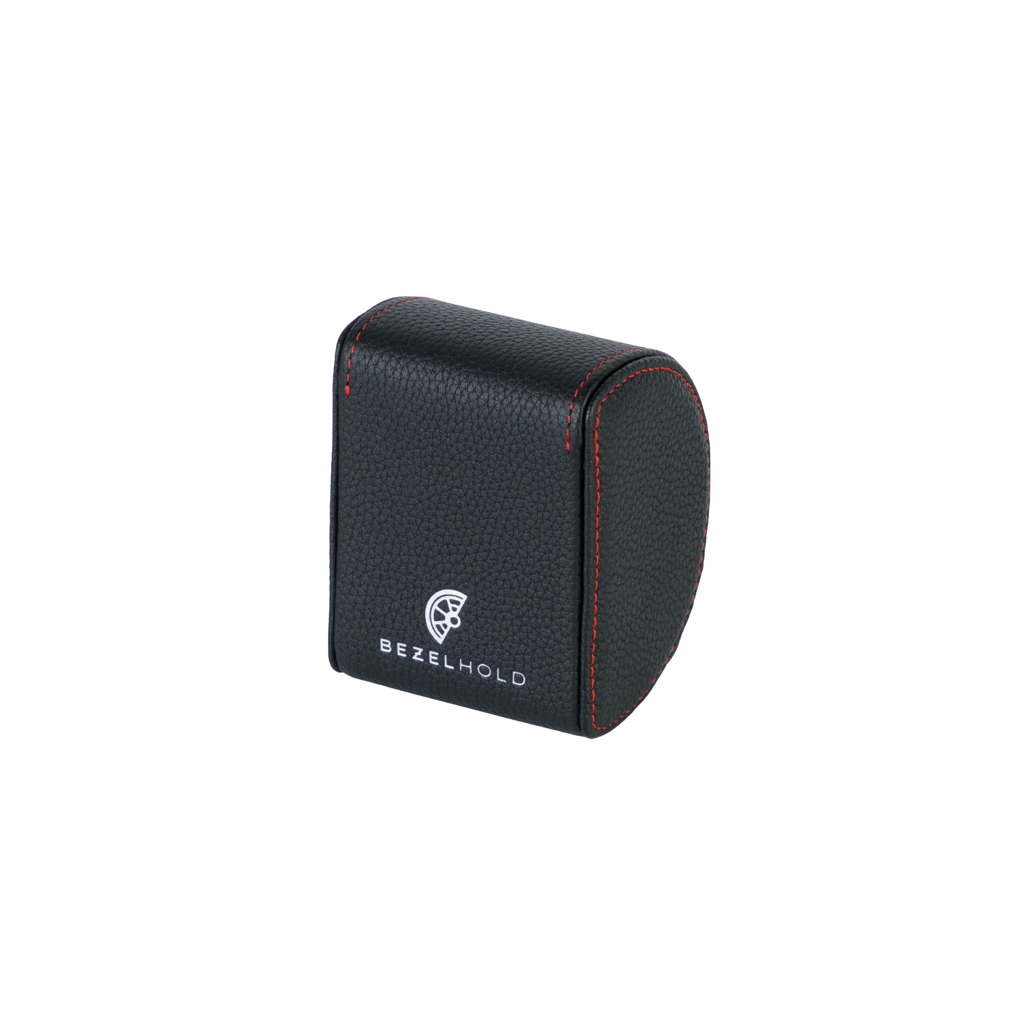 A luxury black and red leather watch case for travel and storage.
