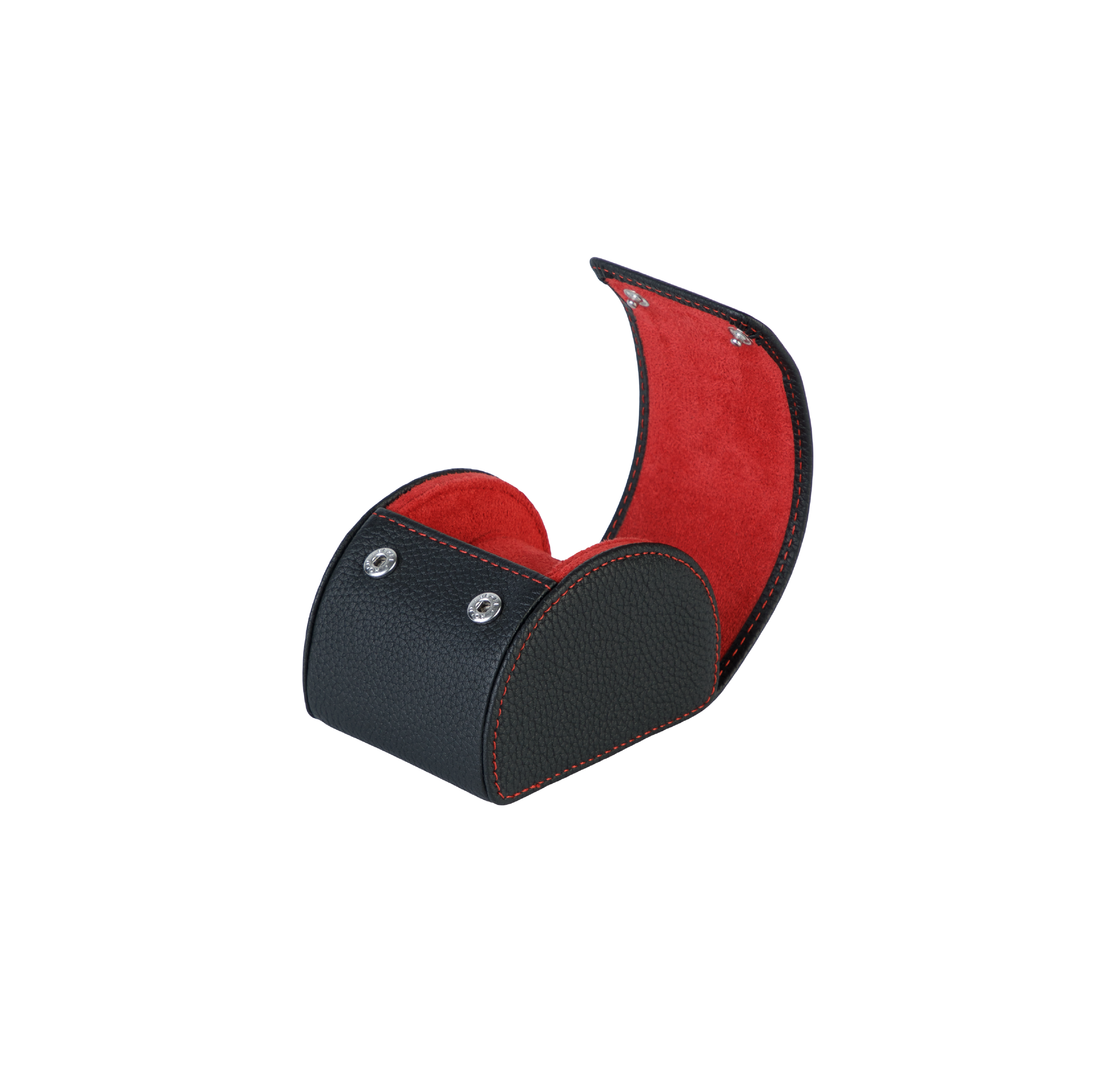A luxury black and red leather watch case for travel and storage.