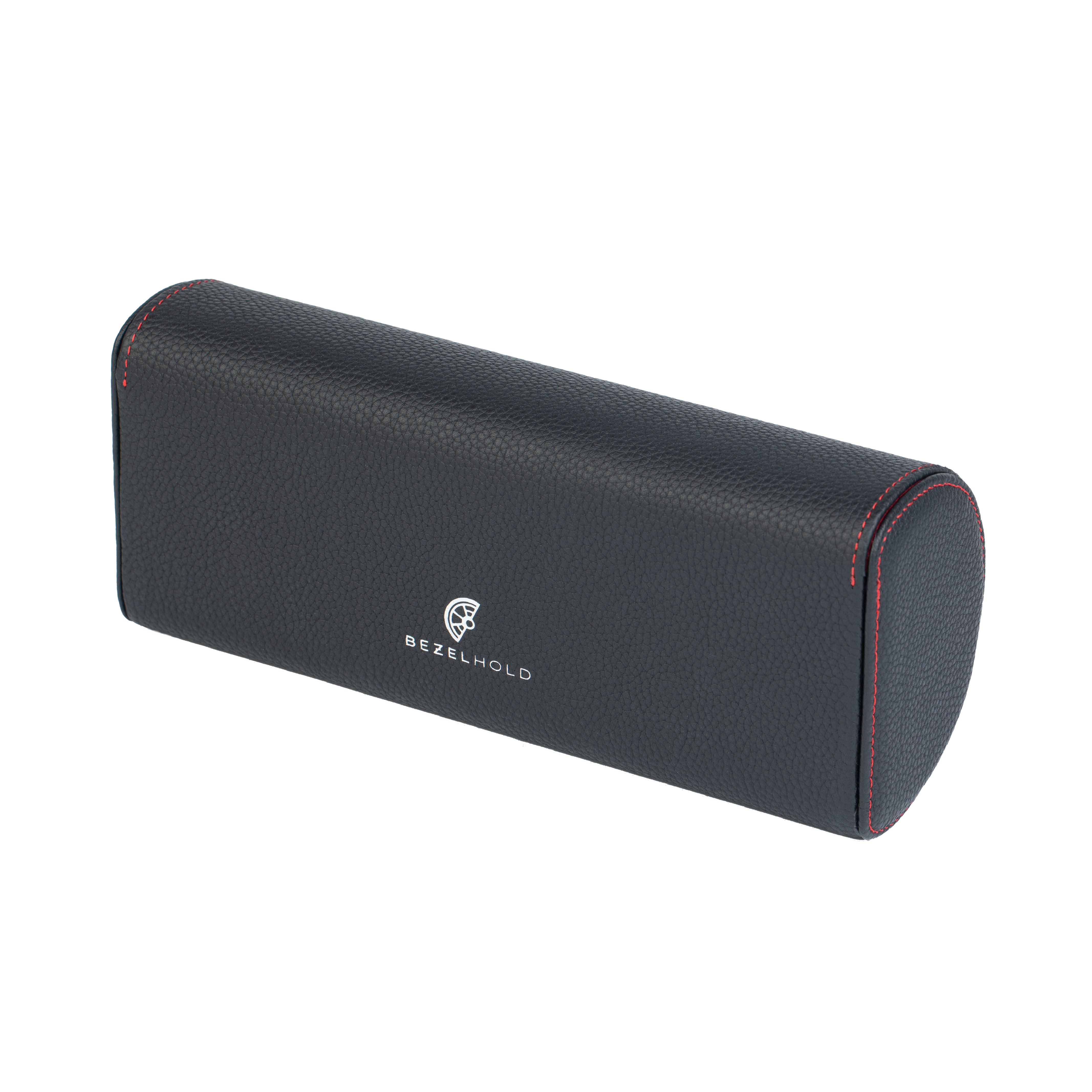 A luxury black and red leather watch case for travel and storage.