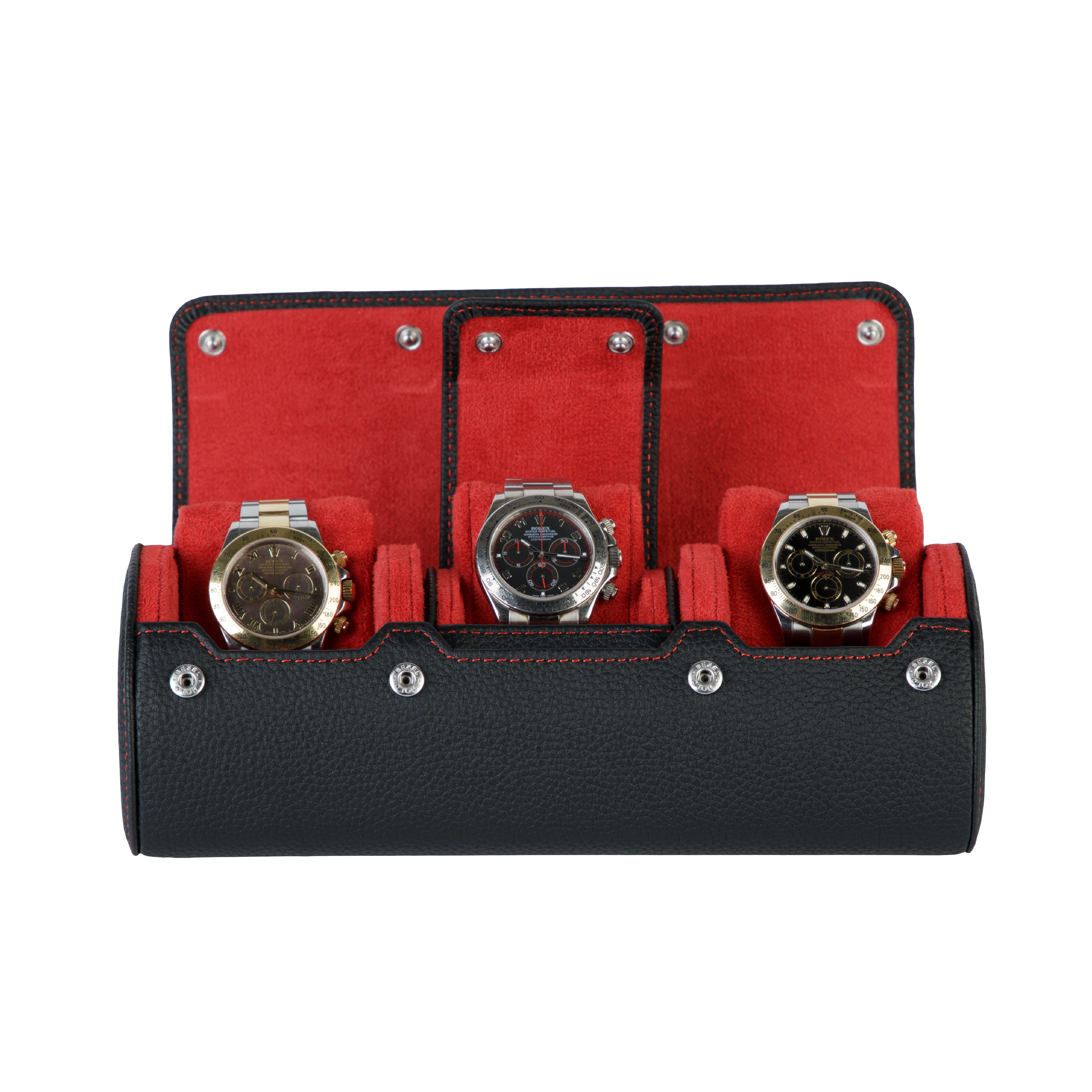 A luxury black and red leather watch case for travel and storage.