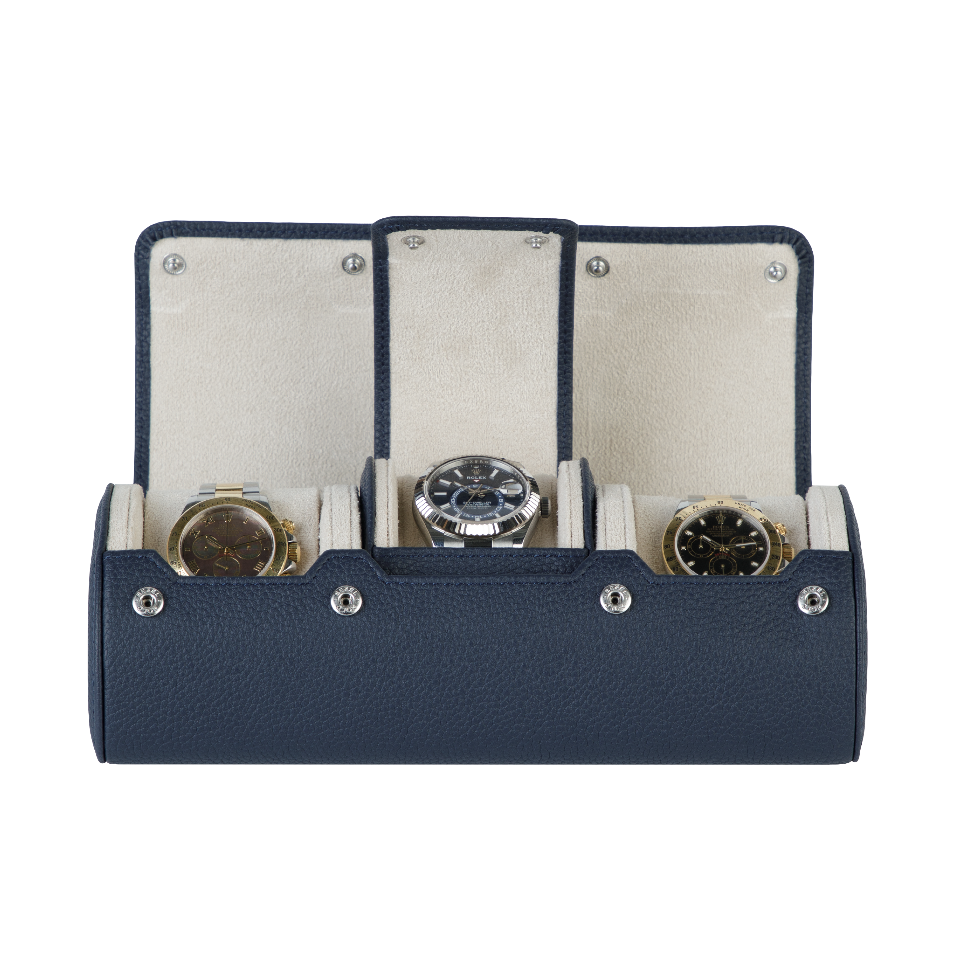A luxury blue and white leather watch case for three watches. Designed for travel and storage.