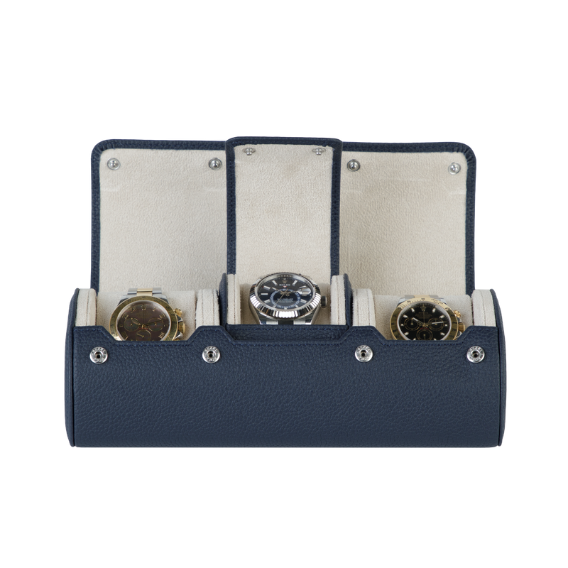 A luxury blue and white leather watch case for three watches. Designed for travel and storage.