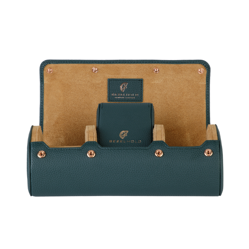 A luxury green and brown leather watch case for travel and storage. 