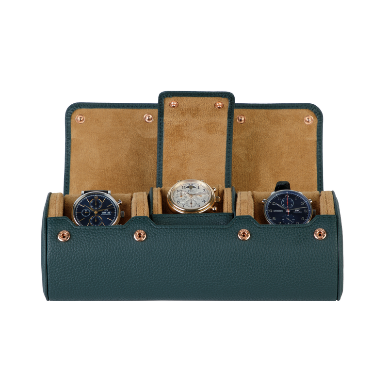 A luxury green and brown leather watch case for travel and storage.
