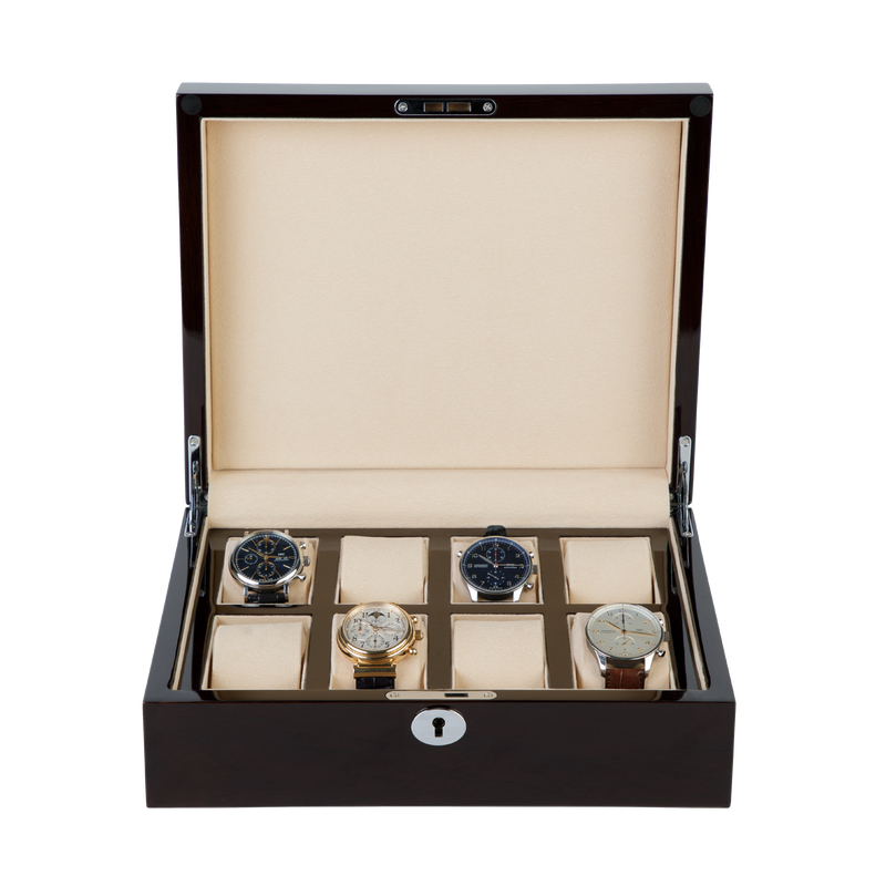 A solid wood watch box for watch collectors. Fits eight watches.