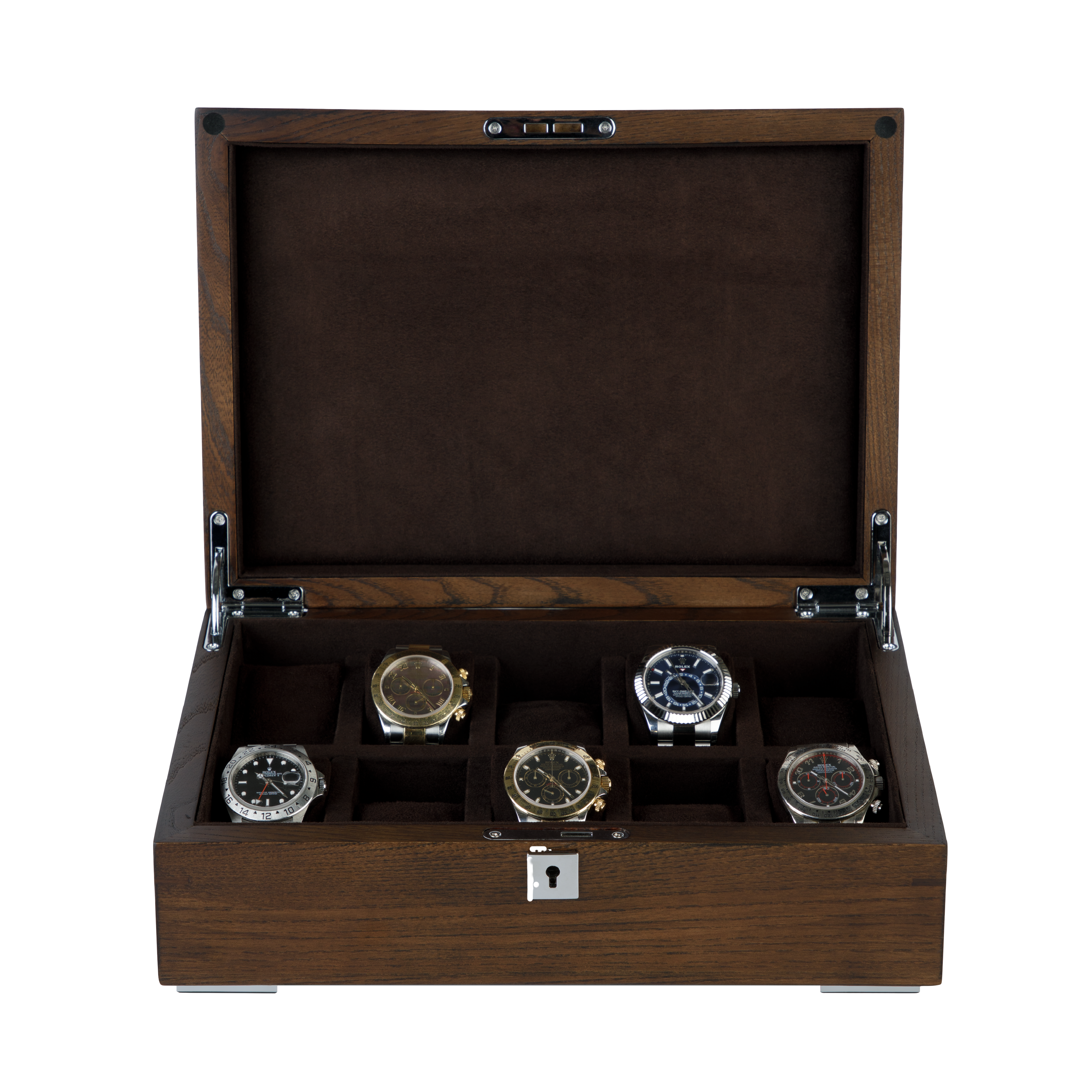 A luxury Black-Walnut Solid Wood Watch Box. Holds ten watches.