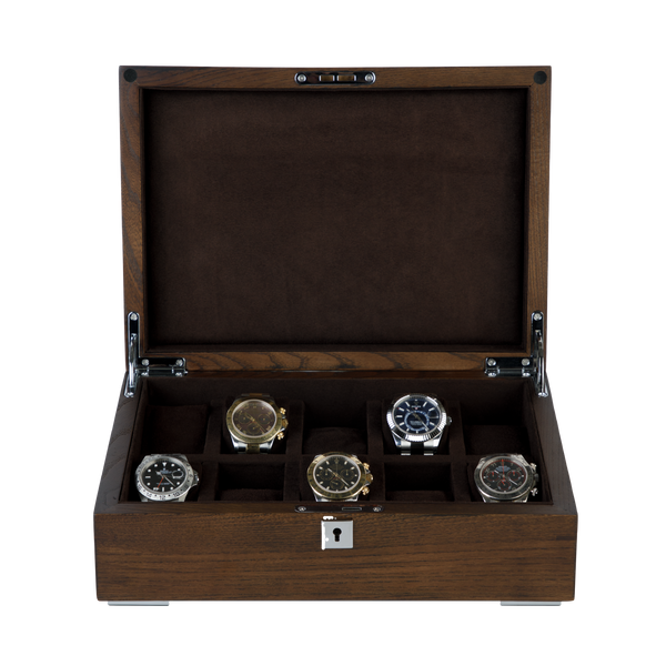 A luxury Black-Walnut Solid Wood Watch Box. Holds ten watches.