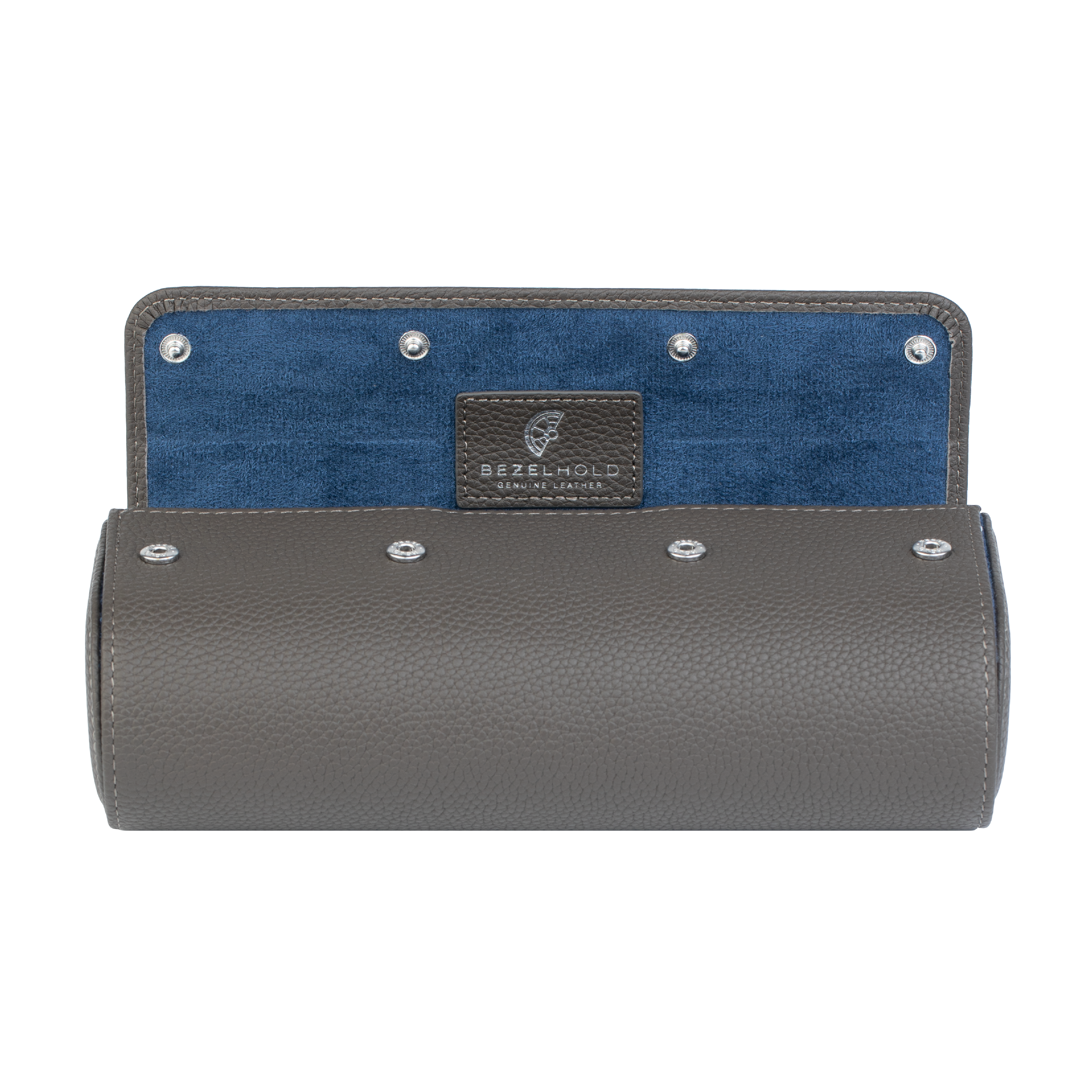 A luxury grey and blue leather watch case for travel and storage. Holds three watches.