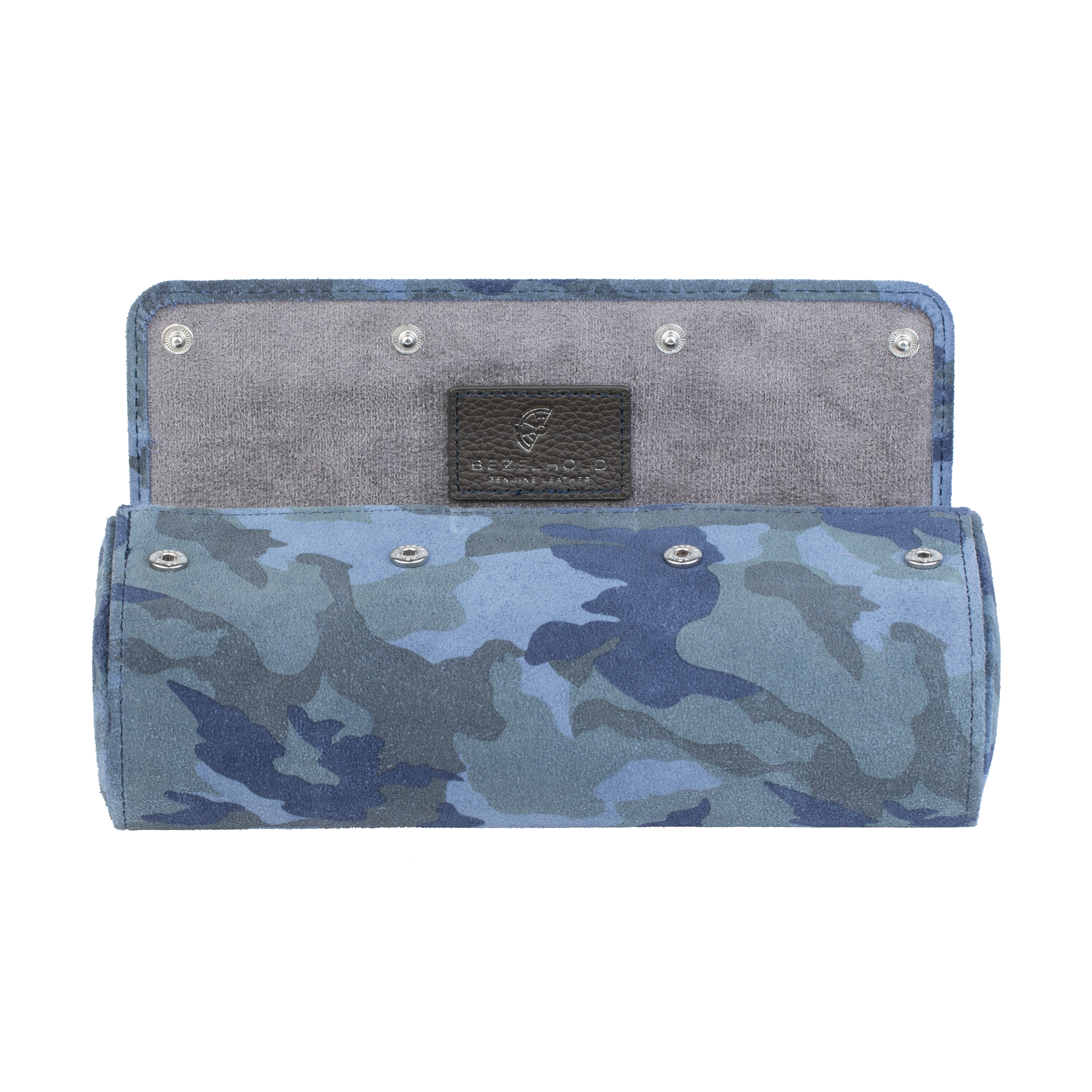 A luxury camouflage blue suede watch roll for travel and storage. Holds three watches. 