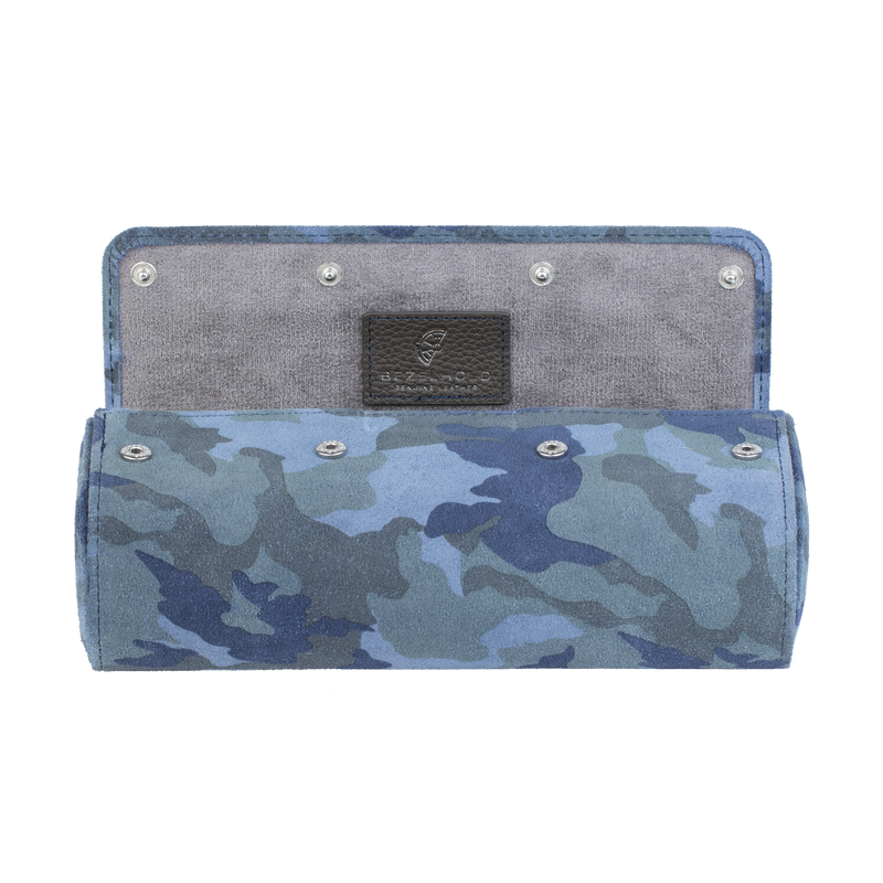 A luxury camouflage blue suede watch roll for travel and storage. Holds three watches. 
