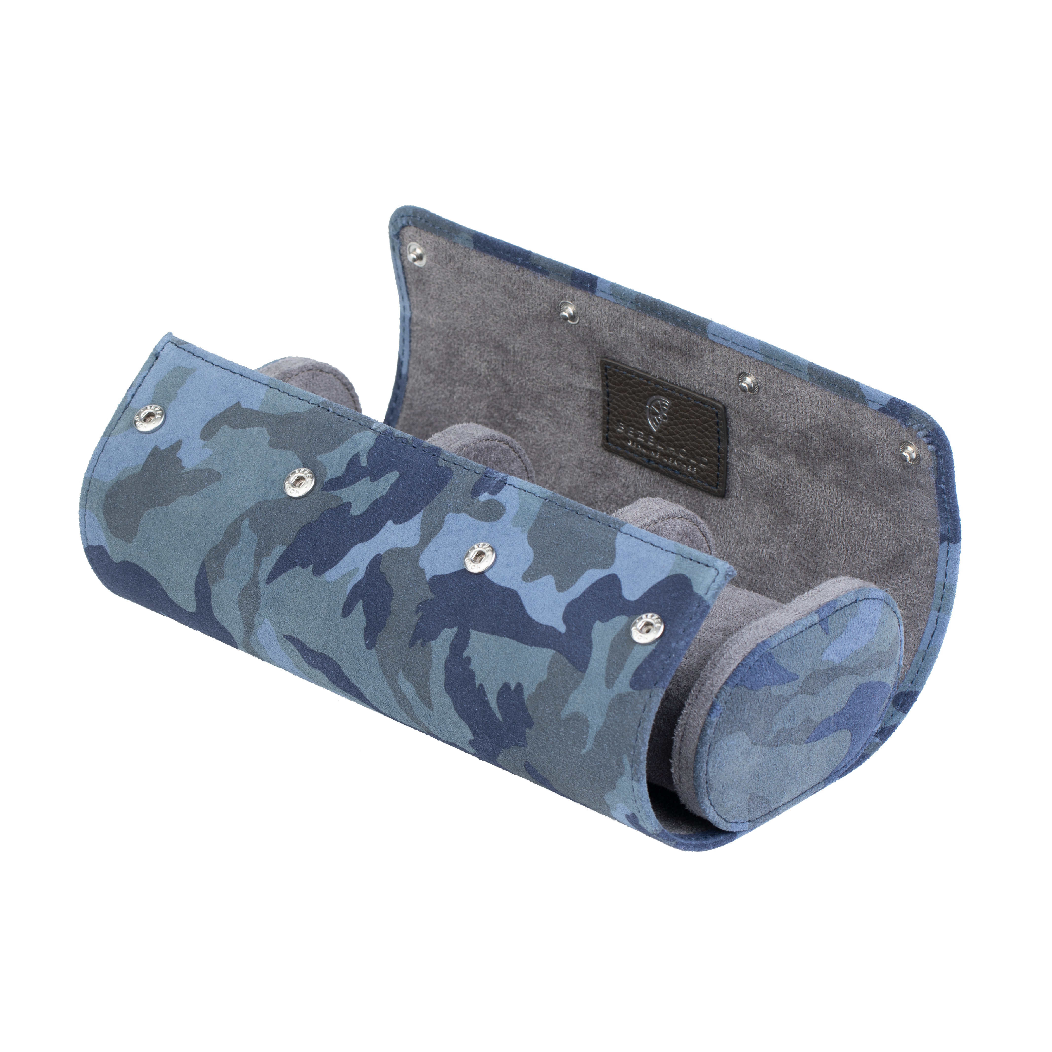A luxury camouflage blue suede watch roll for travel and storage. Holds three watches. 